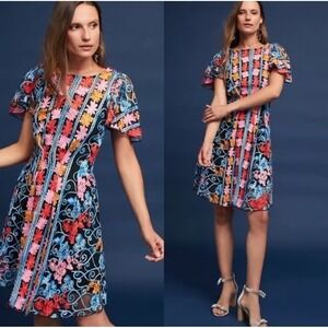 Anthropologie Eva Franco floral embroidered sheath dress sz 4 boho wedding guest